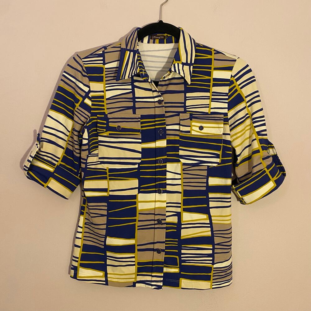 J. McLaughlin Catalina Cloth Blue Patterned Button Down Shirt Women's size XS